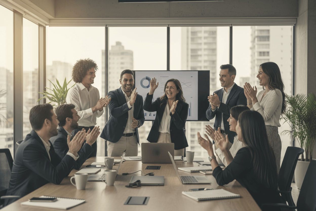 Equipo celebrando logro con high-five