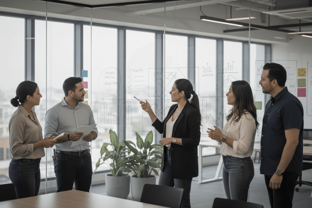 Equipo revisando pizarrón con métricas