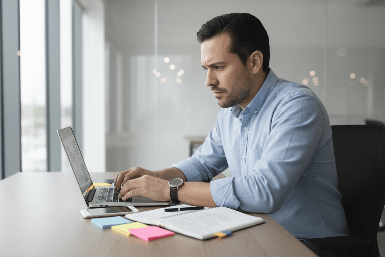 Founder con laptop y agenda saturada